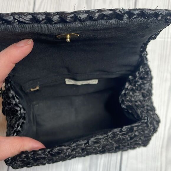 60s Vintage Bloomingdales black raffia purse evening handbag with gold straps - Picture 7 of 9